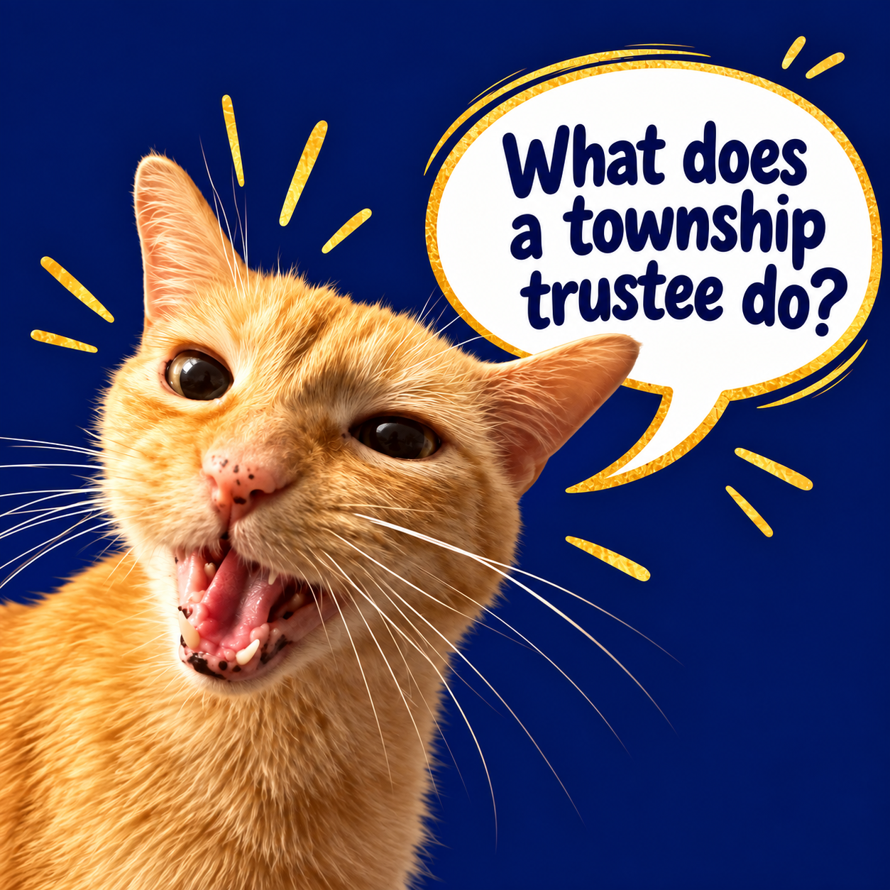 Franklin, an orange cat with his mouth open, asks: What does a township trustee do?